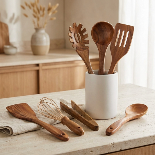 TeakCraft | Elegant Sustainable Wooden Kitchen Utensil Set with Whisk 2