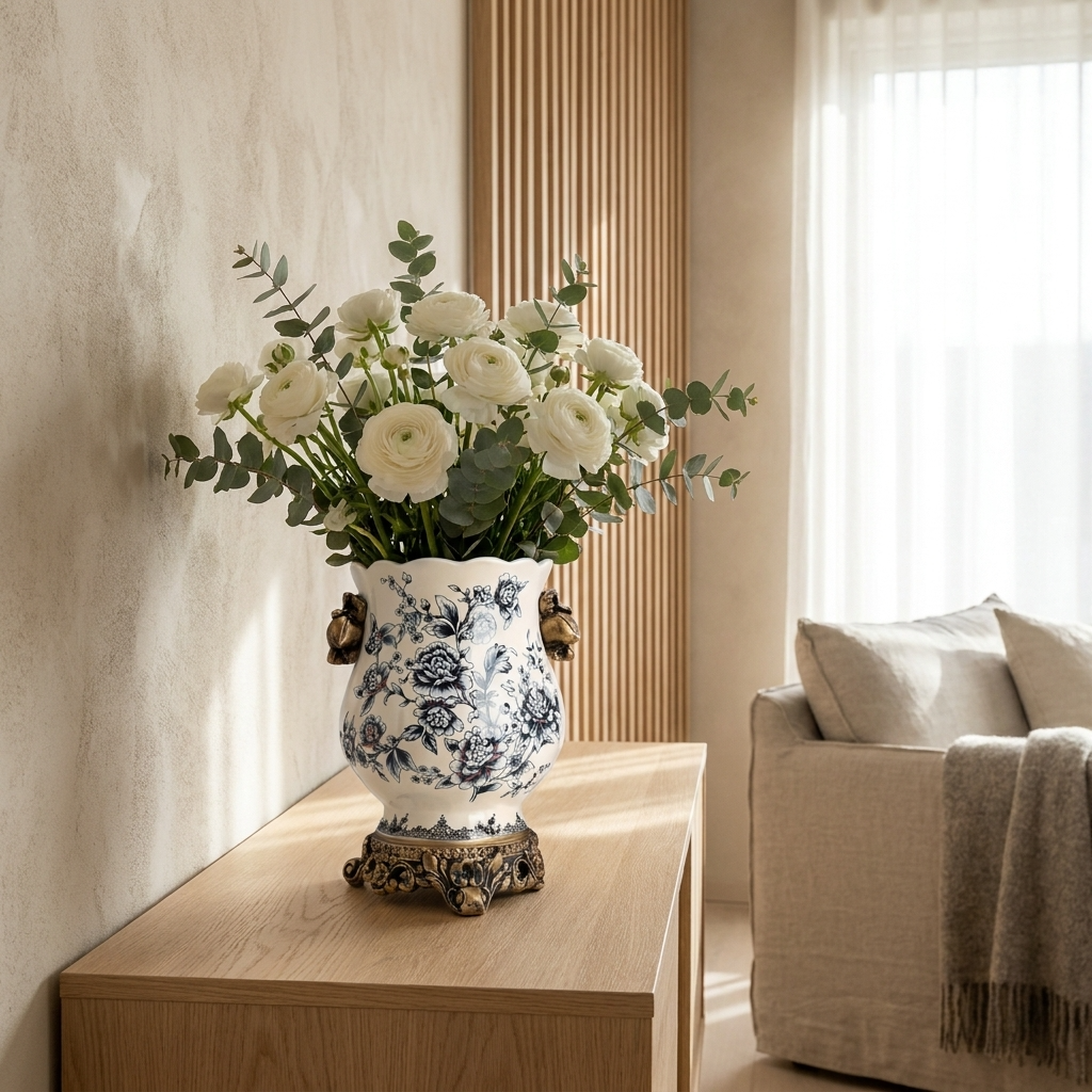 CeruleanElegance | Timeless Vintage Blue White Porcelain Accent Vase