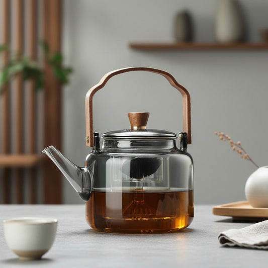 Elegant Heat-Resistant Glass Teapot with Walnut Handle | Premium Borosilicate Design for Refined Tea Experience 1