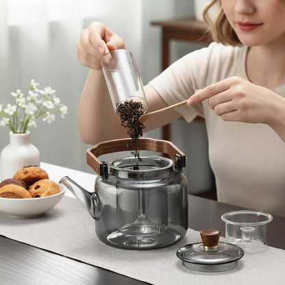 Elegant Heat-Resistant Glass Teapot with Walnut Handle | Premium Borosilicate Design for Refined Tea Experience 2