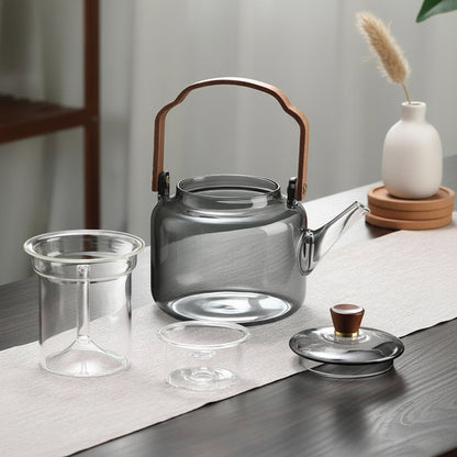 Elegant Heat-Resistant Glass Teapot with Walnut Handle | Premium Borosilicate Design for Refined Tea Experience 3