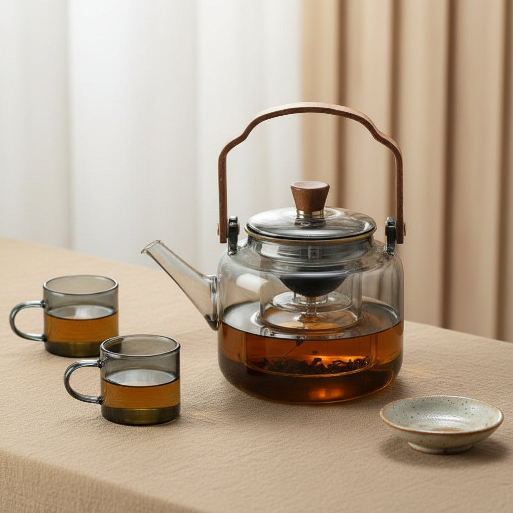 Elegant Heat-Resistant Glass Teapot with Walnut Handle | Premium Borosilicate Design for Refined Tea Experience 4