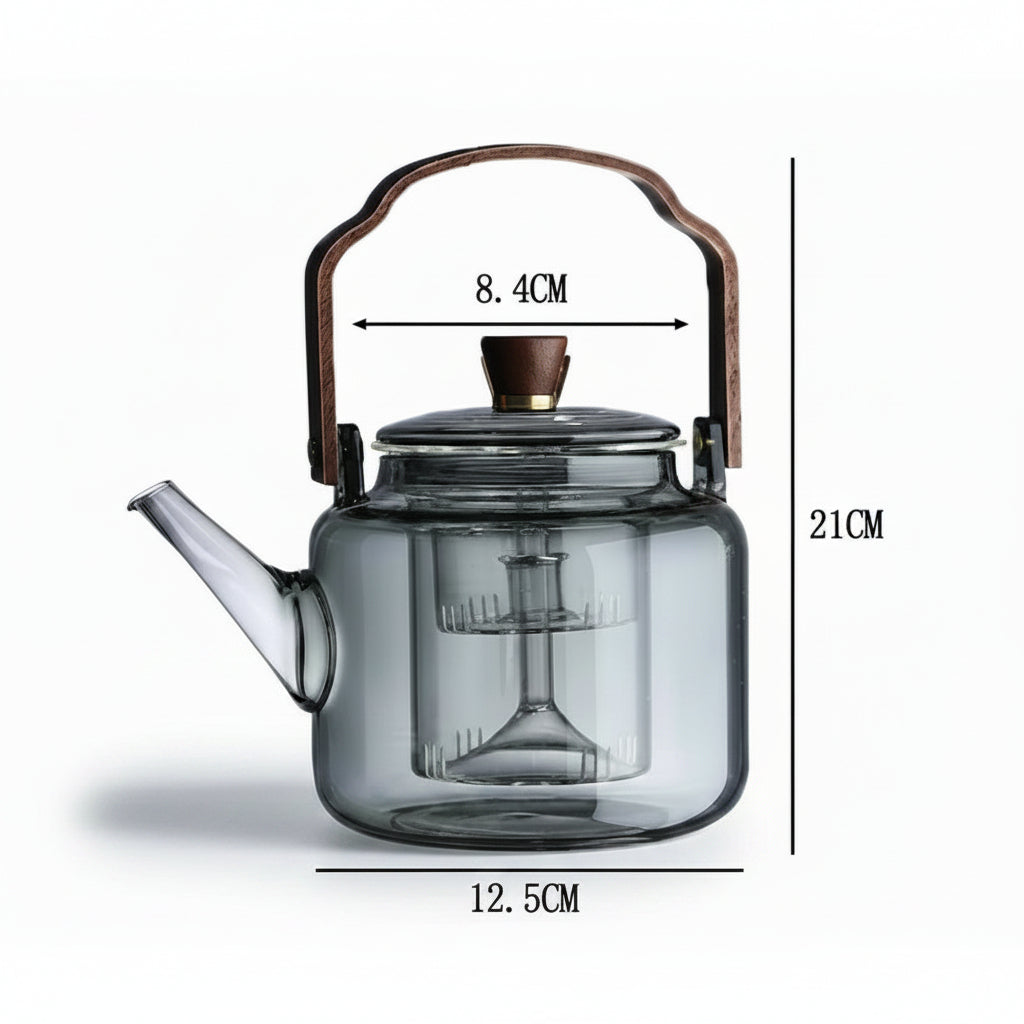 Elegant Heat-Resistant Glass Teapot with Walnut Handle | Premium Borosilicate Design for Refined Tea Experience 7