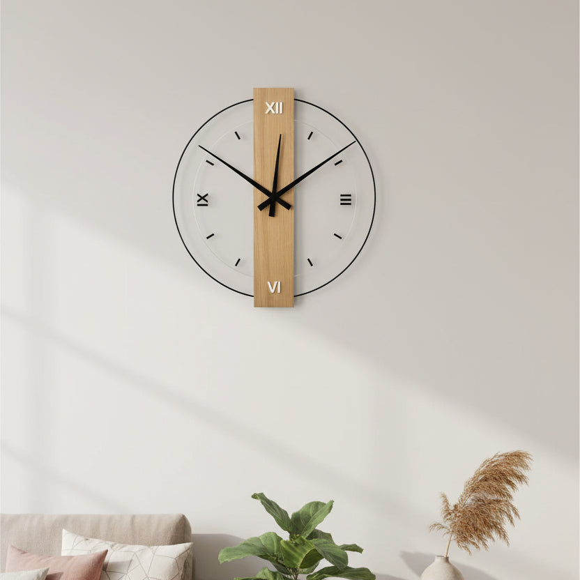Elegant Minimalist Wall Clock with Oak and Glass Accents | Timeless Design for Modern Interiors 0