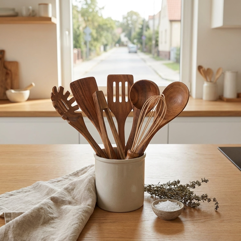 TeakCraft | Elegant Sustainable Wooden Kitchen Utensil Set with Whisk 0