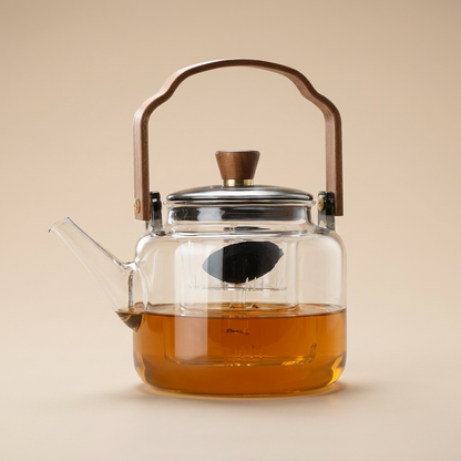 Elegant Heat-Resistant Glass Teapot with Walnut Handle | Premium Borosilicate Design for Refined Tea Experience