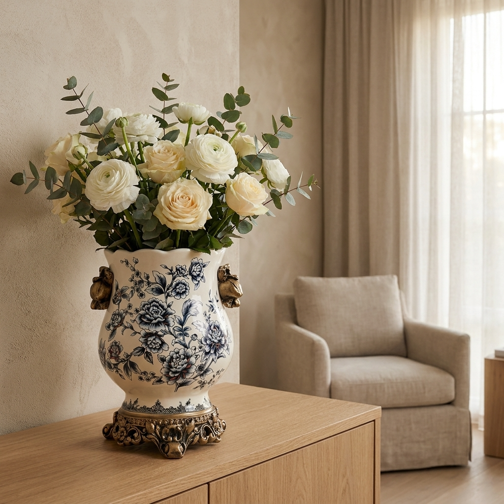 CeruleanElegance | Timeless Vintage Blue White Porcelain Accent Vase