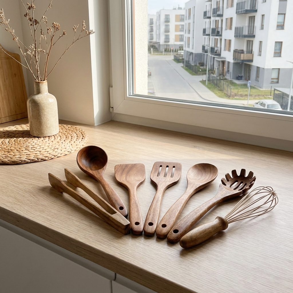 TeakCraft | Elegant Sustainable Wooden Kitchen Utensil Set with Whisk
