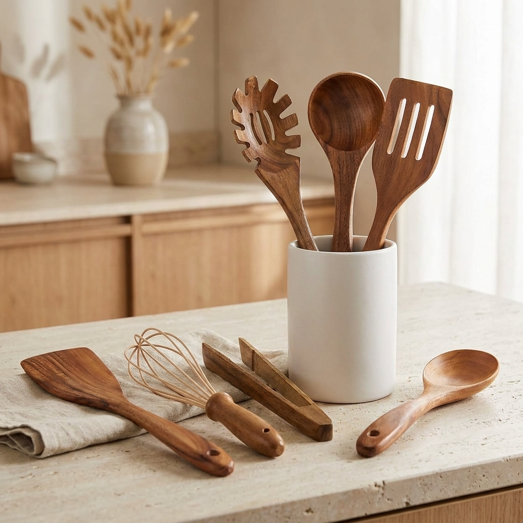 TeakCraft | Elegant Sustainable Wooden Kitchen Utensil Set with Whisk 2