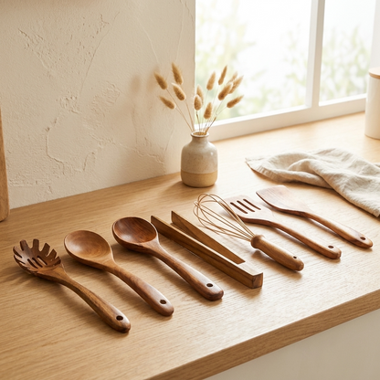 TeakCraft | Elegant Sustainable Wooden Kitchen Utensil Set with Whisk 7
