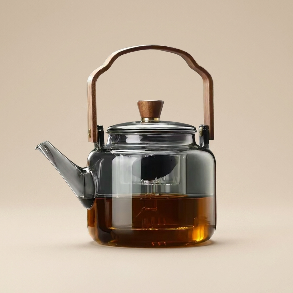 Elegant Heat-Resistant Glass Teapot with Walnut Handle | Premium Borosilicate Design for Refined Tea Experience