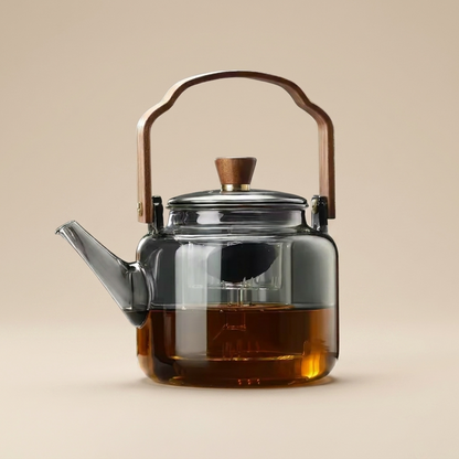 Elegant Heat-Resistant Glass Teapot with Walnut Handle | Premium Borosilicate Design for Refined Tea Experience