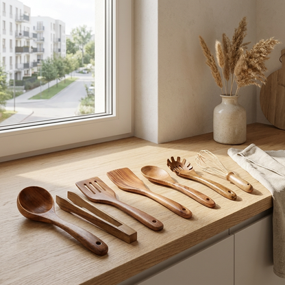 TeakCraft | Elegant Sustainable Wooden Kitchen Utensil Set with Whisk 3