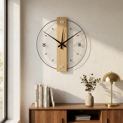 Elegant Minimalist Wall Clock with Oak and Glass Accents | Timeless Design for Modern Interiors