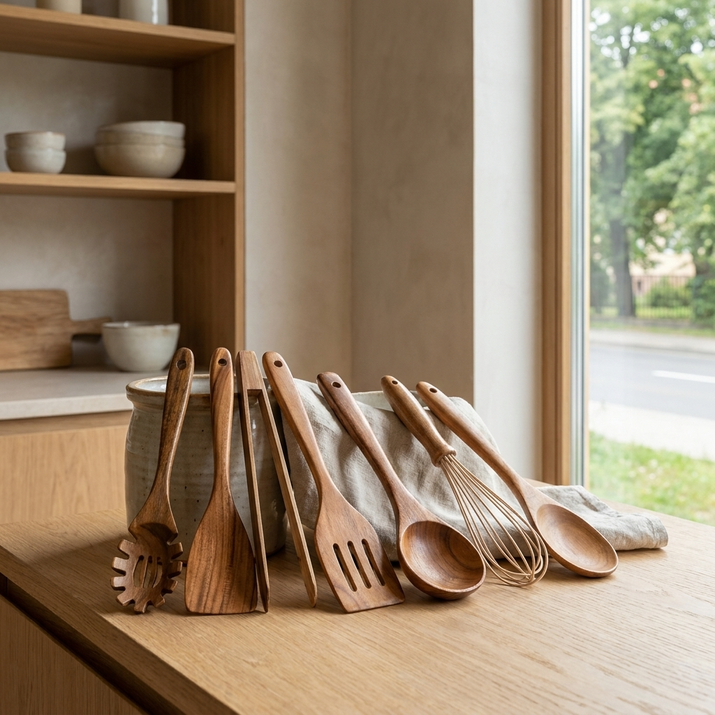 TeakCraft | Elegant Sustainable Wooden Kitchen Utensil Set with Whisk 4