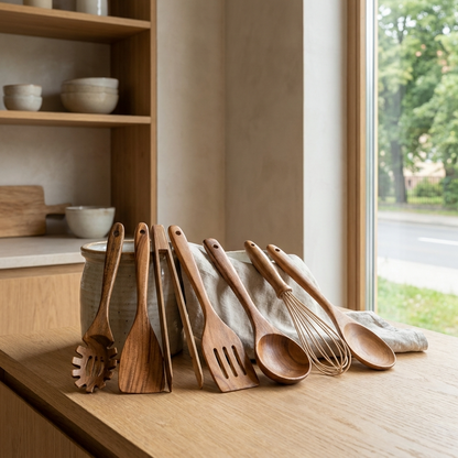 TeakCraft | Elegant Sustainable Wooden Kitchen Utensil Set with Whisk 4